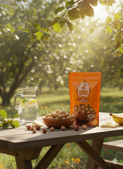 Fildişi çikolata kaplı muzlu fındık drajesi; krem renkli parlak dış kaplaması, içinde bütün fındık yapısıyla şık ve lezzetli bir görsel sunum oluşturur.