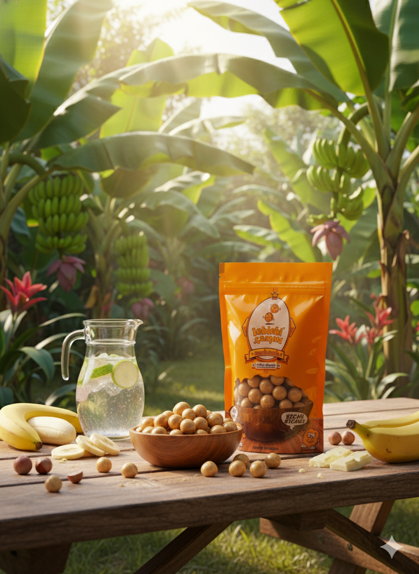 Fildişi çikolata kaplı muzlu fındık drajesi; krem renkli parlak dış kaplaması, içinde bütün fındık yapısıyla şık ve lezzetli bir görsel sunum oluşturur.