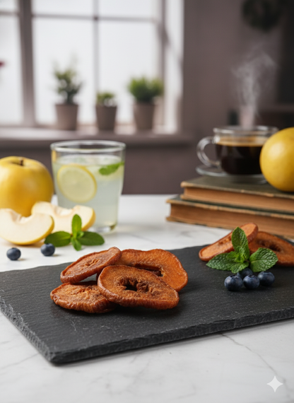 Katkısız ve şekersiz olarak kurutulmuş ayva dilimleri, doğal rengi ve hafif kıtırlığıyla sağlıklı bir atıştırmalık sunuyor.