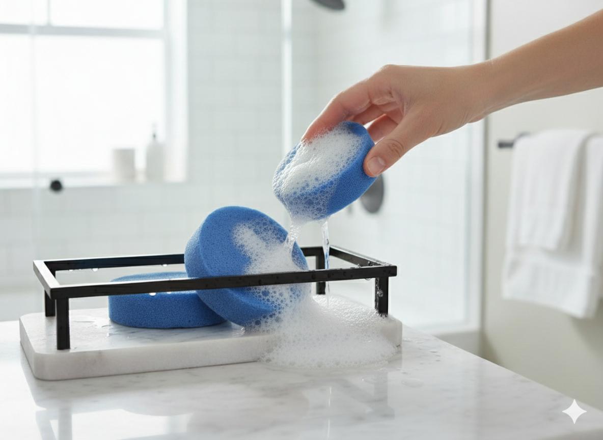 Süngerli jojoba sabunu; açık krem tonlarında sabun bloğu, orta kısmında yer alan entegre sünger ve doğal yapısıyla dikkat çeker.