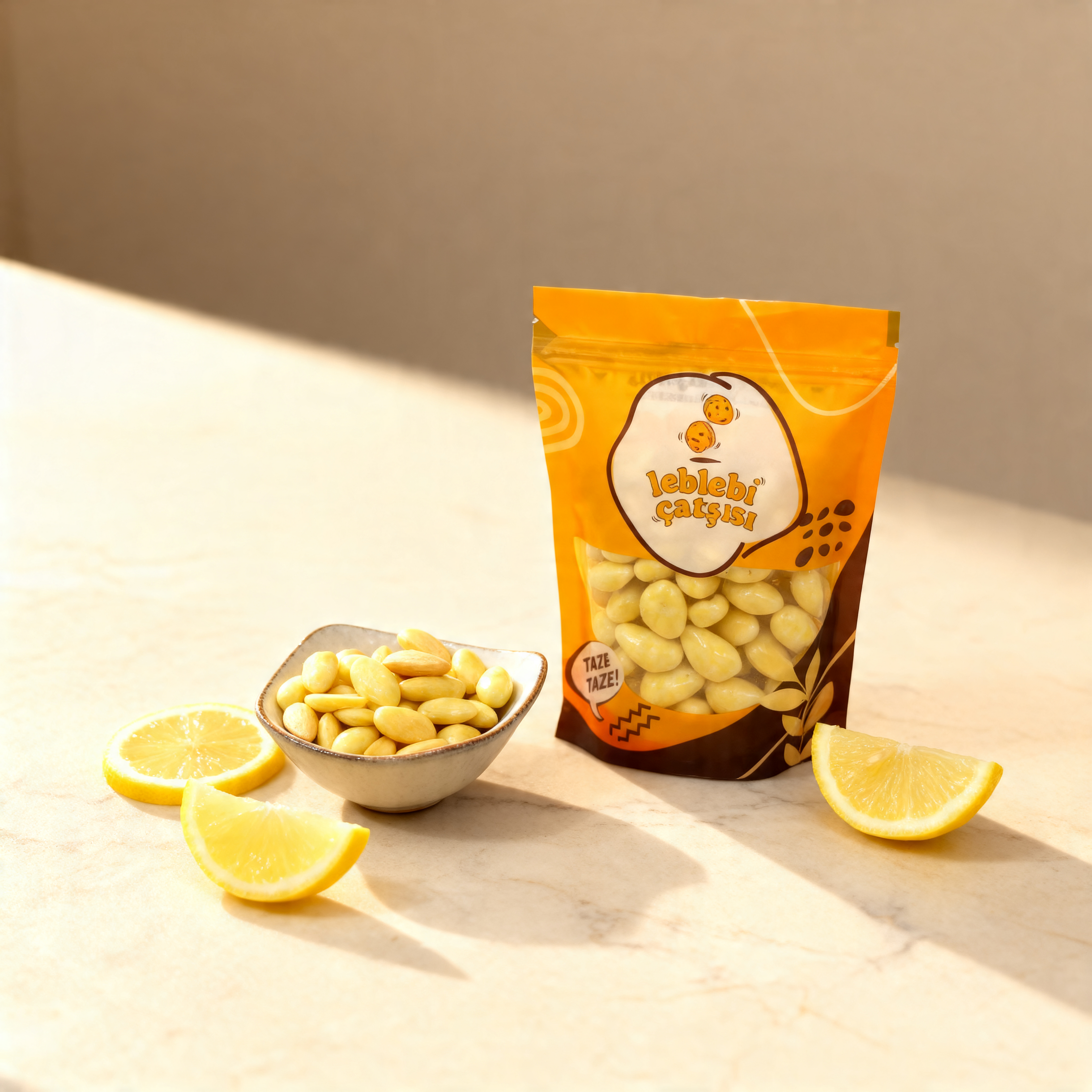 Limon aromalı beyaz çikolata ile kaplanmış çıtır badem drajeler