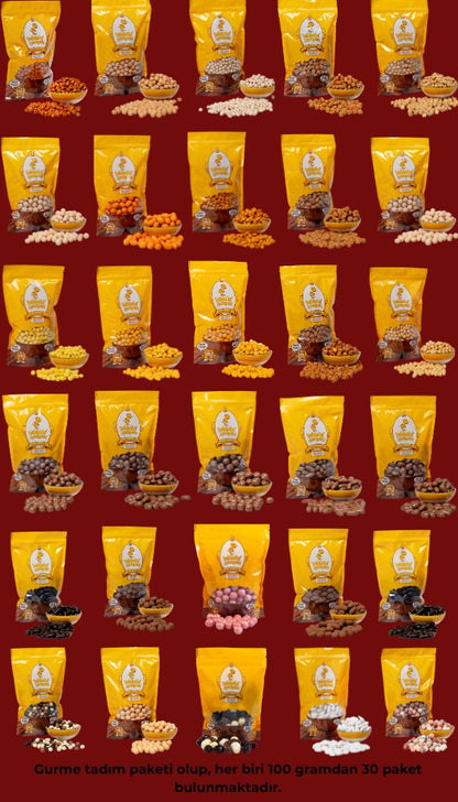 Gurme Tadım Paketi, 30 farklı lezzeti tek kutuda sunan, kuruyemiş ve draje çeşitleriyle dolu 3 kilogramlık zengin bir atıştırmalık kutusudur.