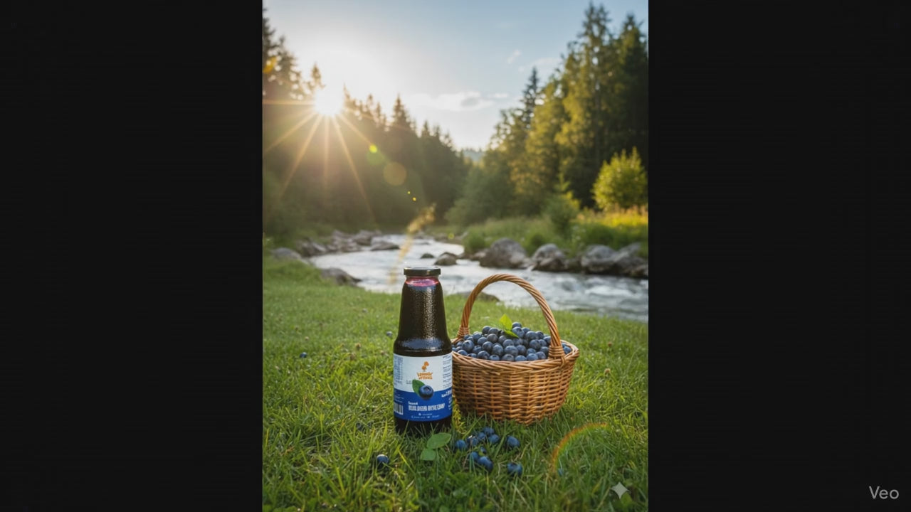 Taneli yaban mersini şurubu, cam şişede sunulan ve gerçek yaban mersini taneleri içeren doğal meyve özüdür.